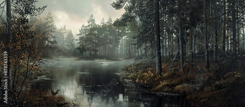 Misty lake in a dark spruce forest with a small island in the middle