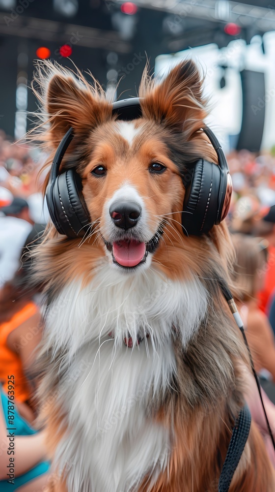 Fototapeta premium Cute Shetland Sheepdog dog with headphones on music festival crowd concert background. Music festival live event lifestyle concept