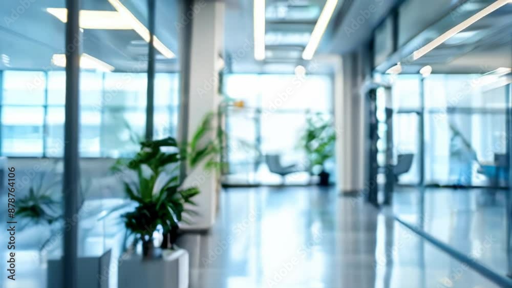 Modern office space: a bright corridor with glass partitions and minimalist design. Bright lighting and a plant create a professional atmosphere. The blurriness of the image emphasizes the dynamics.