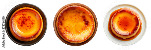 Set of flan in a plates isolated on a white or transparent background. Close-up of flan in a black, white and wooden plates, top view.