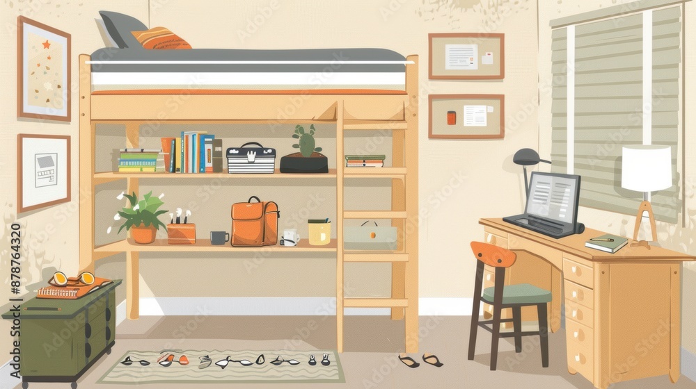 A modern student's room with a loft bed and a desk A modern student's room with a loft bed and a desk
