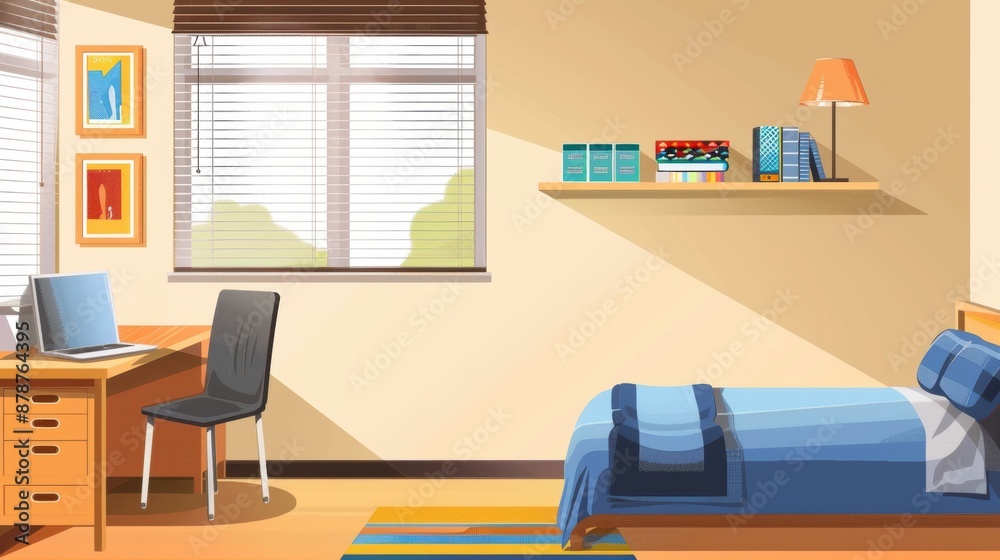 A simple bedroom interior with a desk, bed, and window A simple bedroom interior with a desk, bed, and window