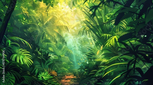 Lush tropical jungle path under sunlight