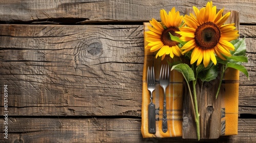 Sunflower on Rustic Wood Board Background for Summer Fall Picnic Place Setting with Copy Space photo