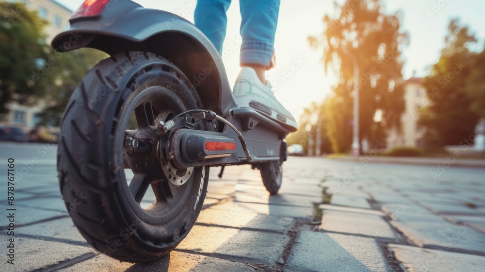 Closeup of electric scooter tire on a paved street at sunset