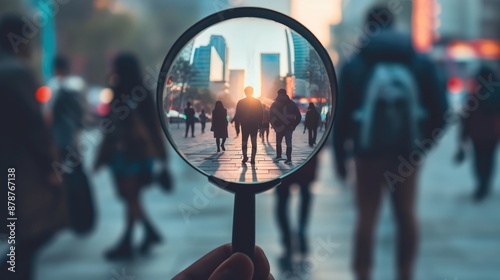Close attention to people through magnifying glass chase and surveillance stalking concept
