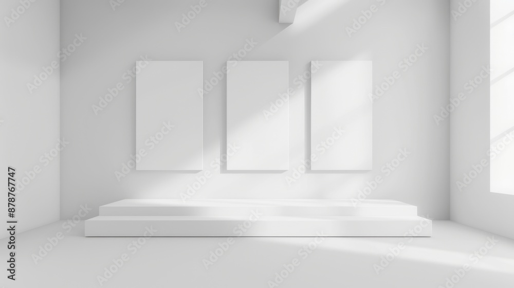 Fototapeta premium White room with empty picture frames and platform