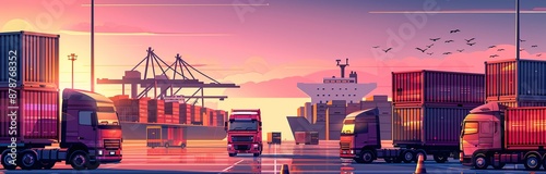 Busy shipping port with container ship and cargo trucks at sunset photo