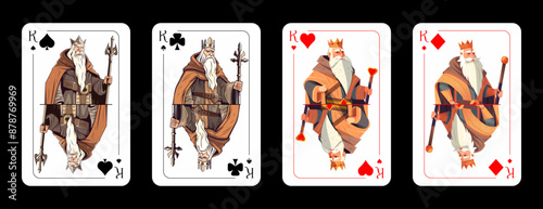 Four kings of different suits, original design of playing cards. Card kings isolated on black background. Vector illustration