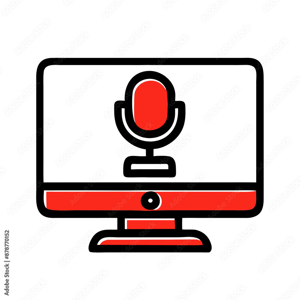 computer with microphone icon, vector illustration, isolated on white background, online training, webinar, communication and technology concept, international literacy day, teacher's day computer with microphone icon, vector illustration, isolated on white background, online training, webinar, communication and technology concept, international literacy day, teacher's day