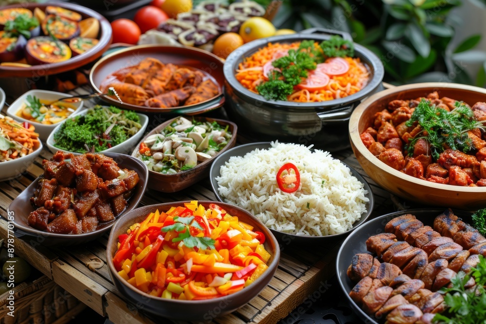 A table is covered with a bamboo mat and overflowing with bowls of food A table is covered with a bamboo mat and overflowing with bowls of food