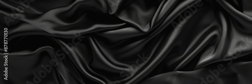 Black drapery silk fabric background. Wavy satin cloth texture pattern. Smooth shiny drape material