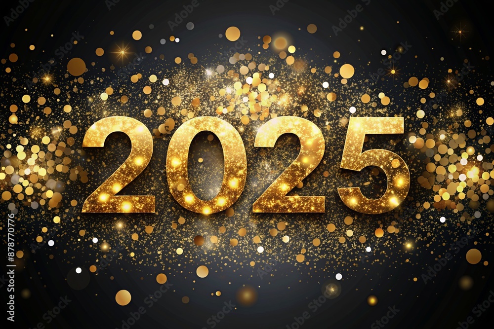 The banner. Happy New Year and Merry Christmas. Gold, shiny 2025 numbers, sequins and a beautiful bokeh on a black background. The flyer. Invitation. The banner. Happy New Year and Merry Christmas. Gold, shiny 2025 numbers, sequins and a beautiful bokeh on a black background. The flyer. Invitation.