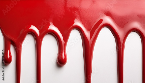 Vibrant red paint dripping on white background. Fresh bright paint flowing down. Abstract pattern.