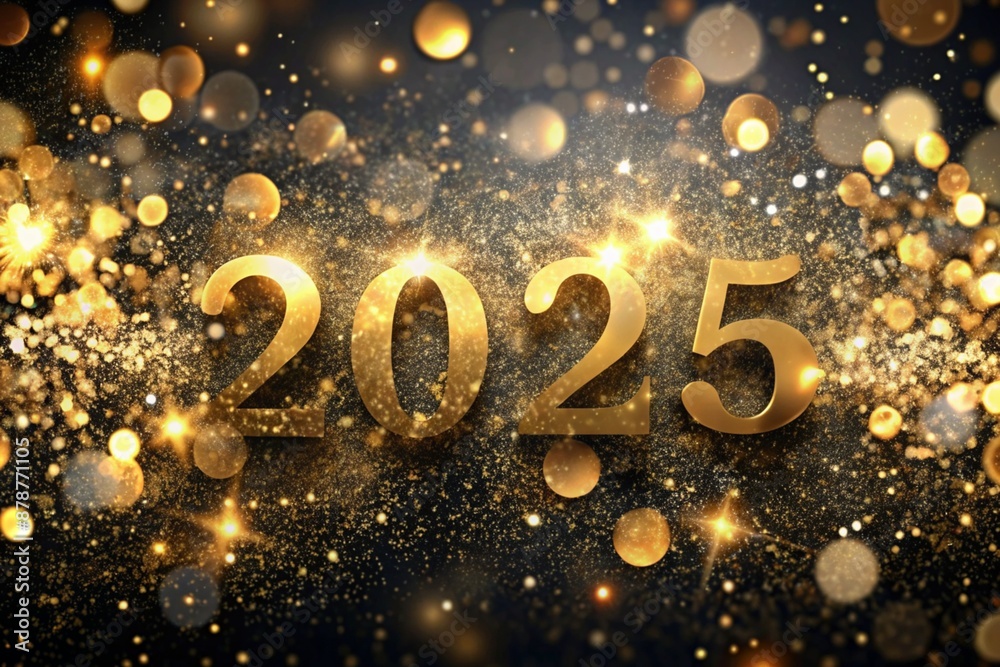 The banner. Happy New Year and Merry Christmas. Gold, shiny 2025 numbers, sequins and a beautiful bokeh on a black background. The flyer. Invitation. The banner. Happy New Year and Merry Christmas. Gold, shiny 2025 numbers, sequins and a beautiful bokeh on a black background. The flyer. Invitation.