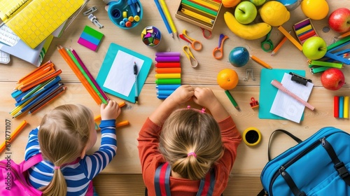 Children learning literacy and numeracy with vibrant supplies on desk top view