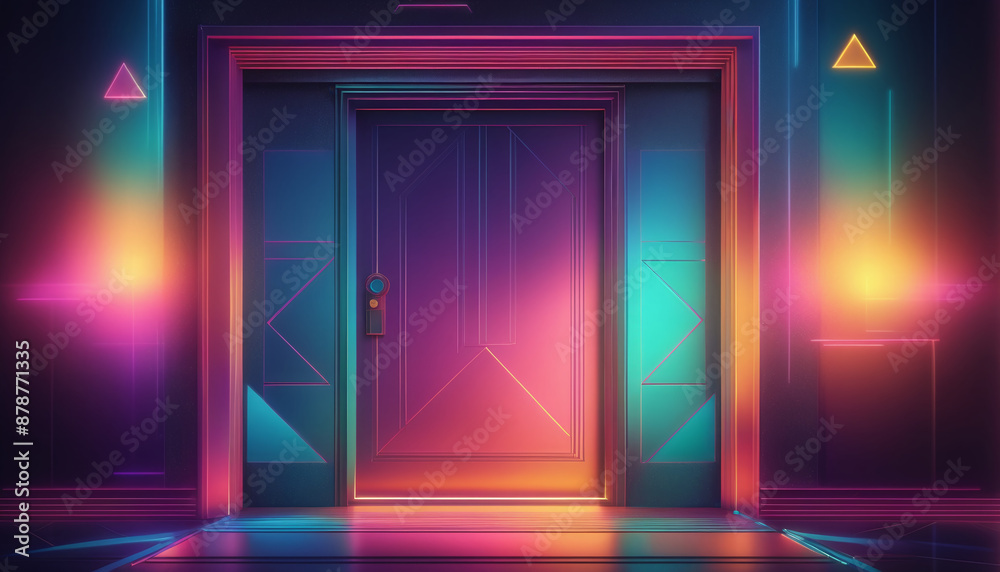 Fototapeta premium Graphic representation of an entrance door or passageway in neon colors in an illustrative style