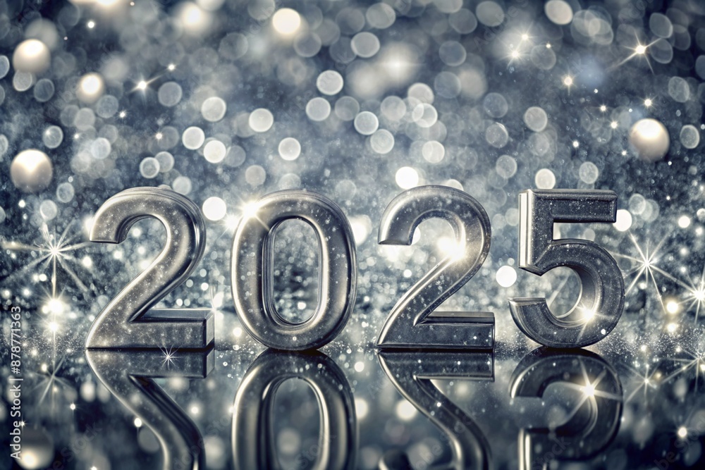 The banner. Happy New Year and Merry Christmas. Silver, shiny 2025 numbers, sequins and a beautiful bokeh on a black background. The flyer. Invitation. The banner. Happy New Year and Merry Christmas. Silver, shiny 2025 numbers, sequins and a beautiful bokeh on a black background. The flyer. Invitation.