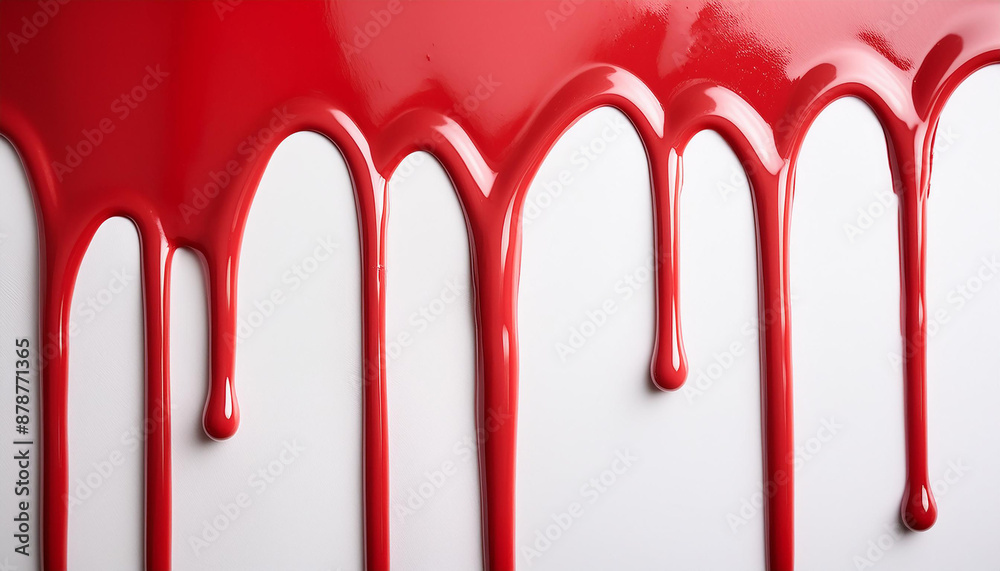 Fototapeta premium Vibrant red paint dripping on white background. Fresh bright paint flowing down. Abstract pattern.