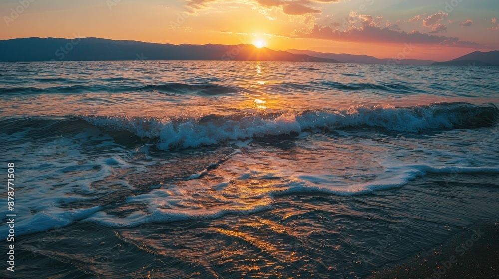 Stunning sunset over Ionian Sea in Vlore Albania Serene water with gentle waves Horizontal picture with empty space Summer vacation theme backdrop Stunning sunset over Ionian Sea in Vlore Albania Serene water with gentle waves Horizontal picture with empty space Summer vacation theme backdrop