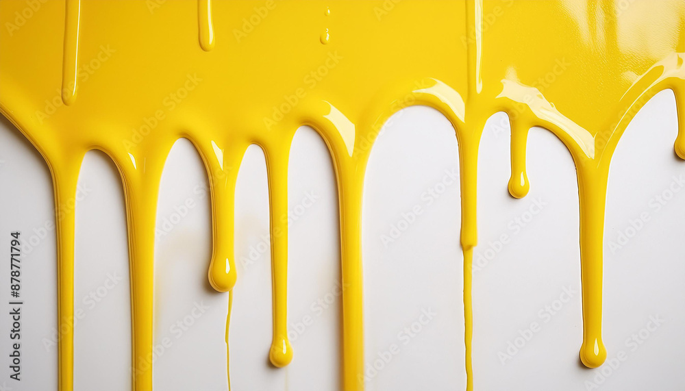 Vibrant yellow paint dripping on white background. Fresh bright paint flowing down. Abstract pattern Vibrant yellow paint dripping on white background. Fresh bright paint flowing down. Abstract pattern