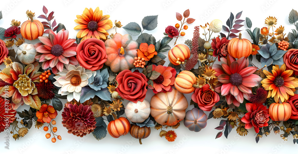 Fototapeta premium A bouquet of flowers and pumpkins arranged in a line