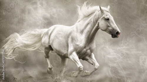 White horse running through dust