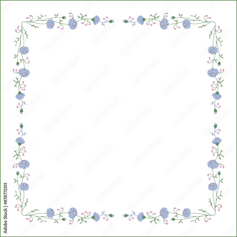 Elegant green and blue vegetal ornamental frame with daisy flowers, decorative border, corners for greeting cards, banners, business cards, invitations, menus. Isolated vector illustration.
Elegant green and blue vegetal ornamental frame with daisy flowers, decorative border, corners for greeting cards, banners, business cards, invitations, menus. Isolated vector illustration.