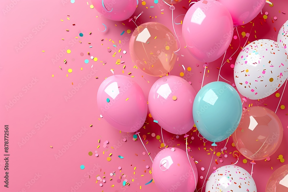 Festive pink background with scattered balloons and confetti for a celebration or party, top view. Space for text. Festive pink background with scattered balloons and confetti for a celebration or party, top view. Space for text.