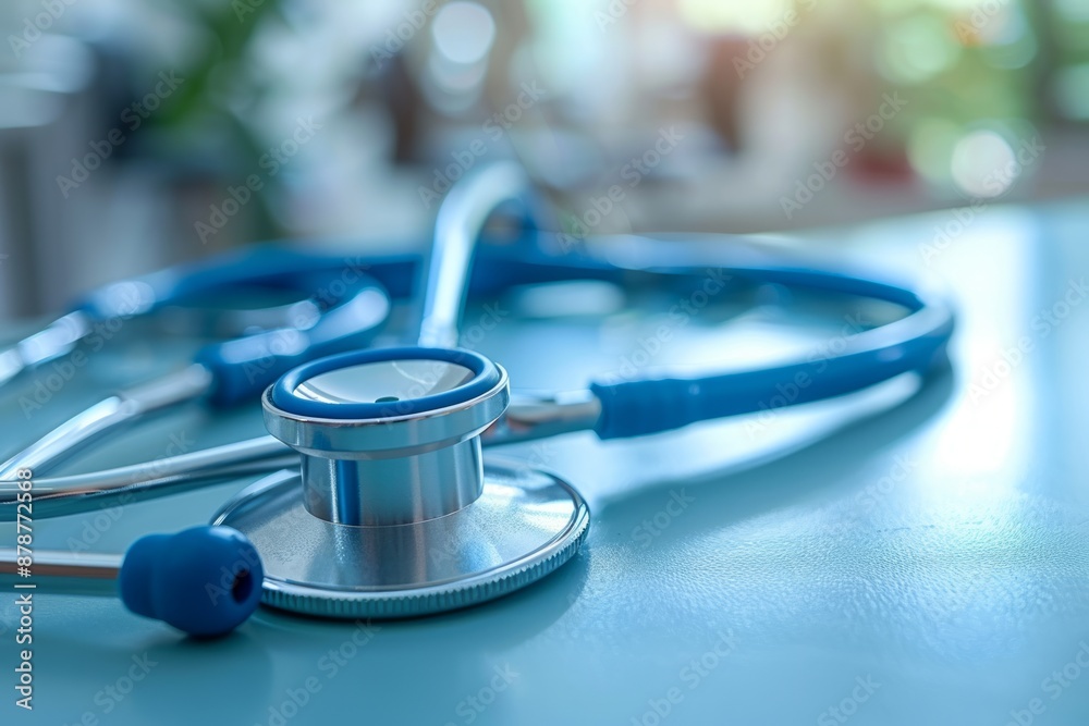 A silver medical stethoscope with a blue accent lies on a light blue table A silver medical stethoscope with a blue accent lies on a light blue table