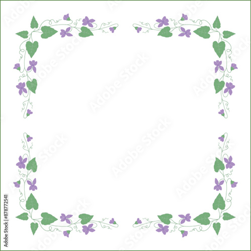 Elegant colored vegetal ornamental frame with violet flowers, decorative border, corners for greeting cards, banners, business cards, invitations, menus. Isolated vector illustration.	
