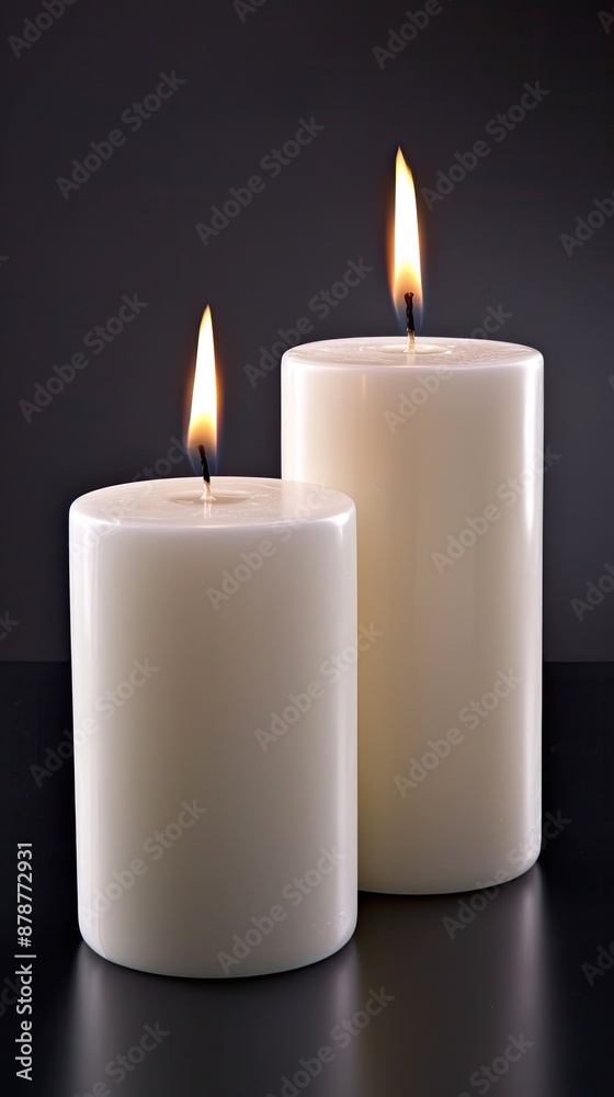 Two white pillar candles are burning on a wooden table against a black background Two white pillar candles are burning on a wooden table against a black background