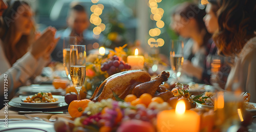 A group of people are gathered around a table with a large turkey