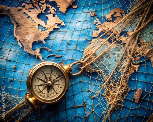 Compass, net and old map on blue background. Columbus Day concept photo