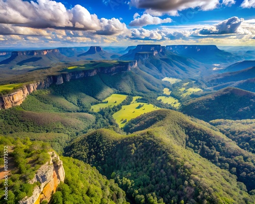 Great Dividing range mountain plateau in Australia - aerial view over scenic ranges and valleys. photo