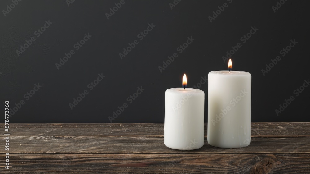 Two white pillar candles are burning on a wooden table against a black background Two white pillar candles are burning on a wooden table against a black background