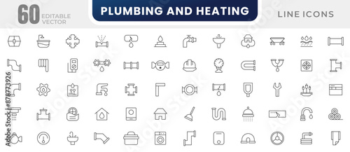 Plumbing and heating line icon set. public utilities, gas, electricity, water, heating, plumbing, ventilation, conditioning and maintainence outline icon collection. UI thin outline icons