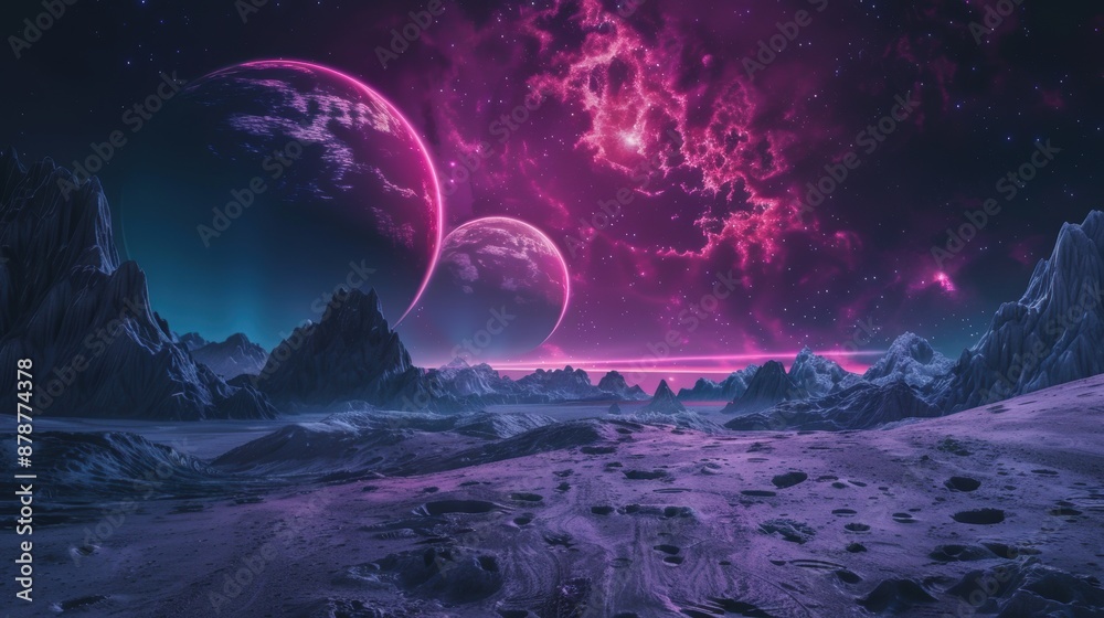 Pink nebula sky over mountain range on distant planet Pink nebula sky over mountain range on distant planet