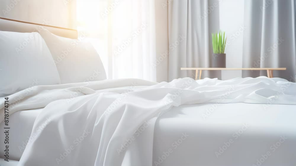 White bedding sheets and pillow background, Messy bed concept White bedding sheets and pillow background, Messy bed concept
