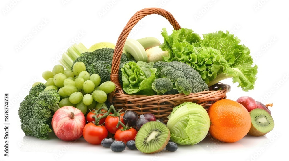 A basket on a counter holds green , purple grapes, a green apple, oranges, green peppers, zucchini, parsley, broccoli A basket on a counter holds green , purple grapes, a green apple, oranges, green peppers, zucchini, parsley, broccoli