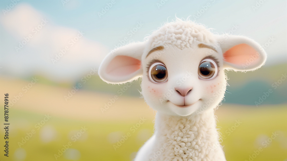 Adorable Animated Lamb with Pink Ears in Pastoral Field. Cute Cartoon Character Perfect for Childrens Animation Adorable Animated Lamb with Pink Ears in Pastoral Field. Cute Cartoon Character Perfect for Childrens Animation