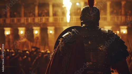 A roman soldier stands before a crowd at night photo
