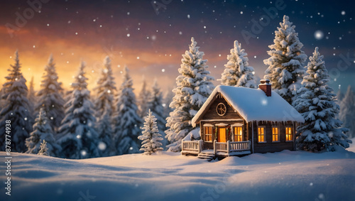 Cozy Cabin Embraces Christmas Spirit in Snowy Forest. Enchanted Winter Wonderland. Christmas Cabin, Landscape