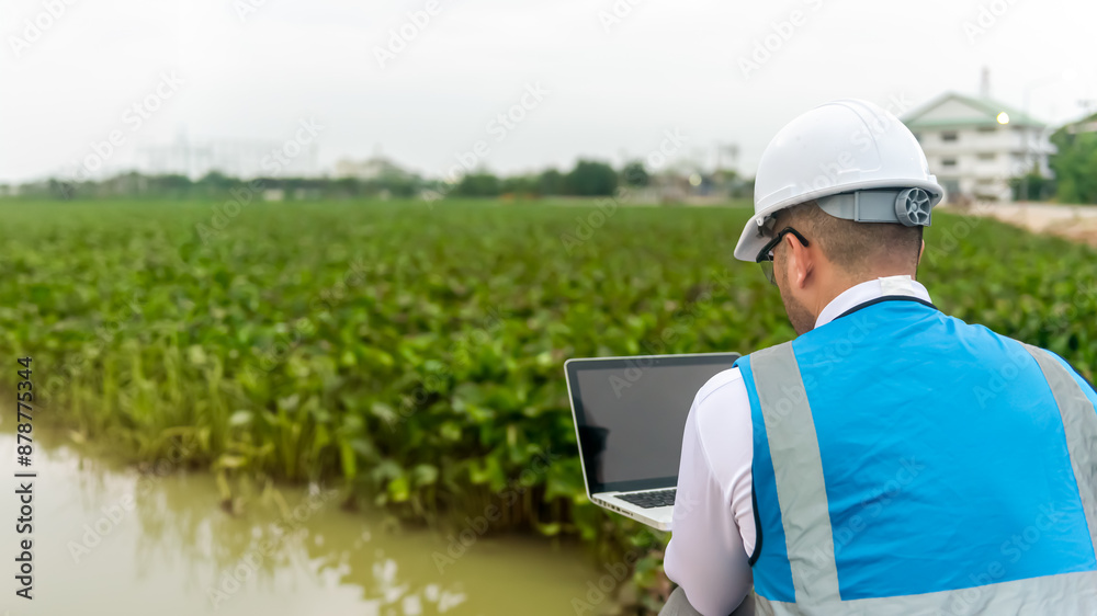 Biologist wastewater treatment look at his laptop and check the quality of the water sample and contaminants, laptop, analysis, inspect quality wastewater Biologist wastewater treatment look at his laptop and check the quality of the water sample and contaminants, laptop, analysis, inspect quality wastewater