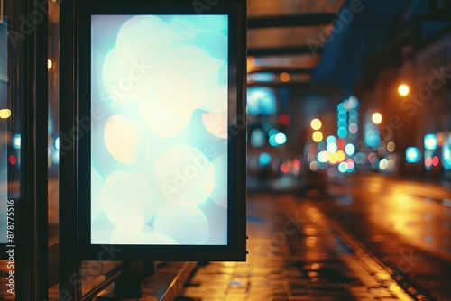 Blank white mock up of vertical billboard in a evening bus stop © MadMouse