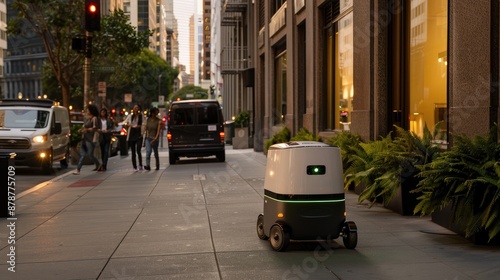 A small, white, self-driving delivery robot travels along a city sidewalk, passing by a delivery van and pedestrians