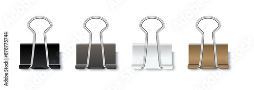 Realistic paper clips. Black white gold silver binder clip, paper holder. Vector