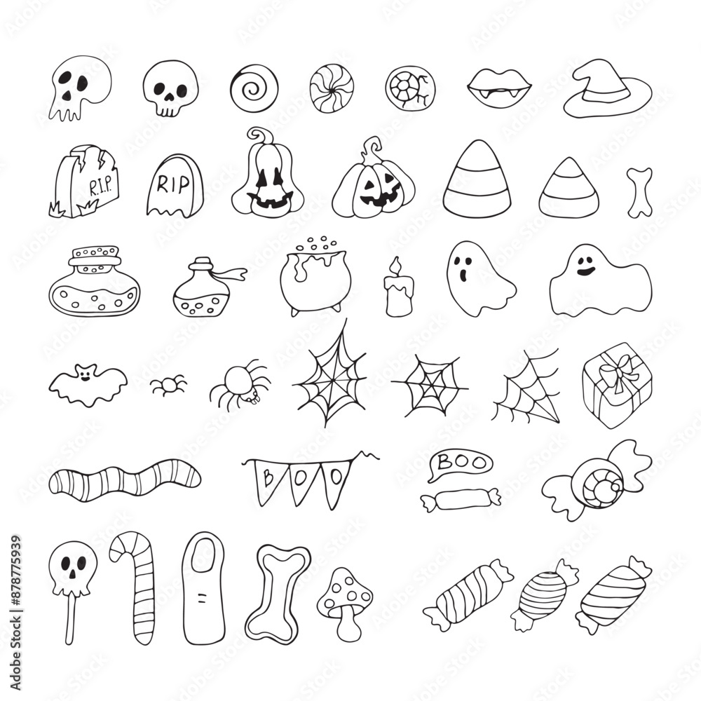 Naklejka premium images for Halloween Set of black and white. Pumpkin, Skull, Ghost, Gravestone, Spider, Candy, Broom, Hat, Eye, Potion, Bone, and more. Happy holiday. All objects are separated. Vector illustration.