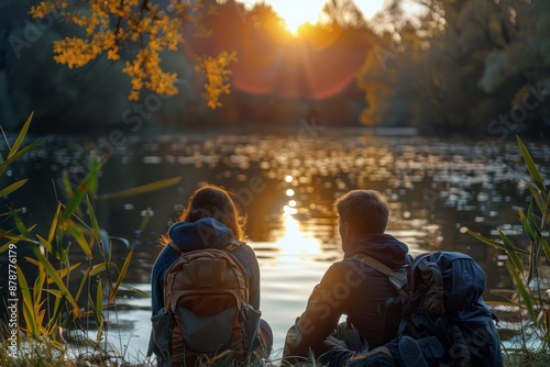 Two people are seated on the edge of a lake, their backs to the camera, enjoying the sunset after a day of hiking