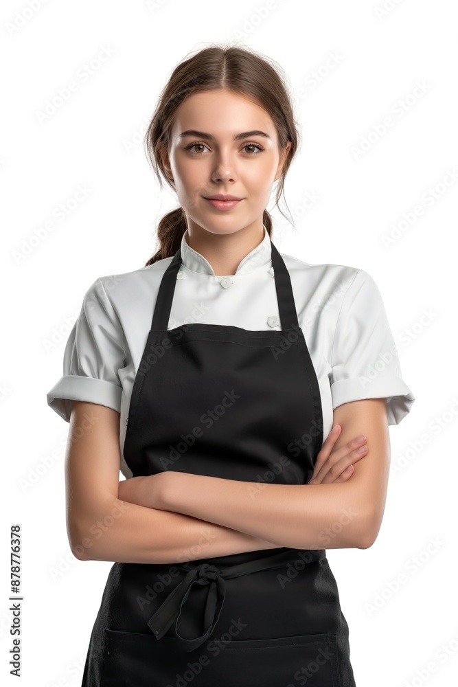 Portrait of a young woman in apron, isolated on white background Portrait of a young woman in apron, isolated on white background